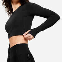 Women's Fitness Long-Sleeved Cropped T-Shirt - Black