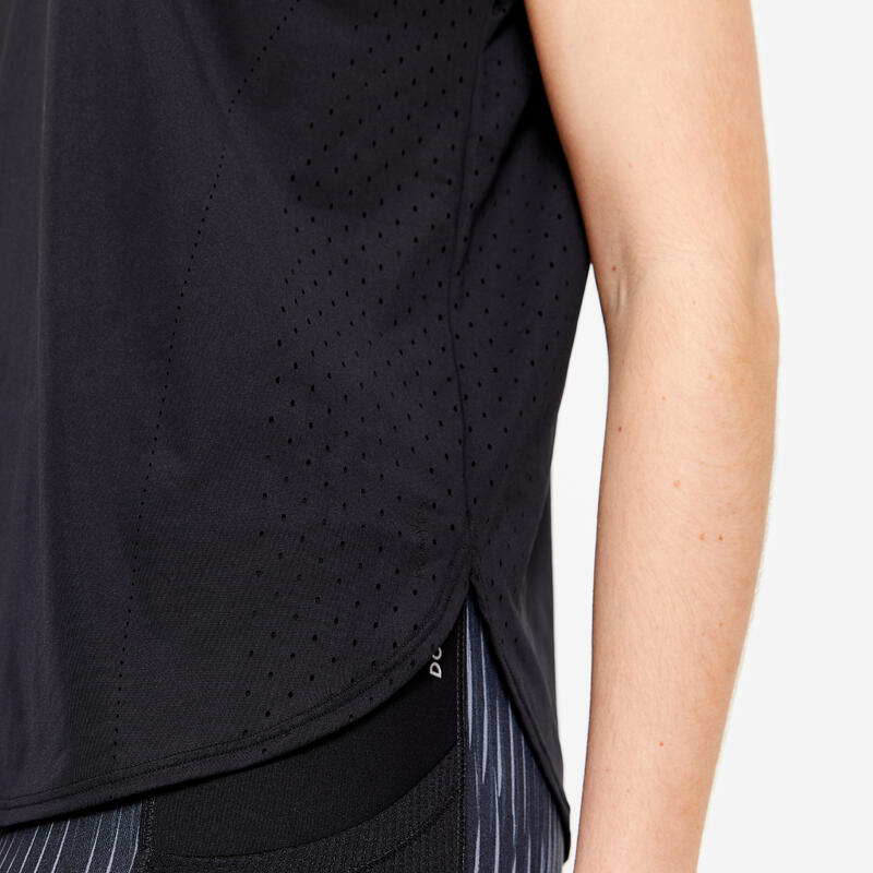 Dames-T-shirt voor cardiofitness lasergesneden loose fit zwart