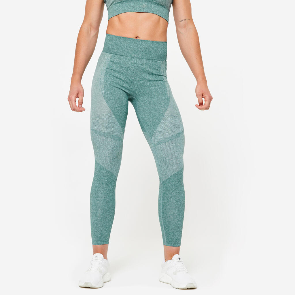 Leggings mit hoher Taille und Smartphonetasche Fitness seamless Damen - grün