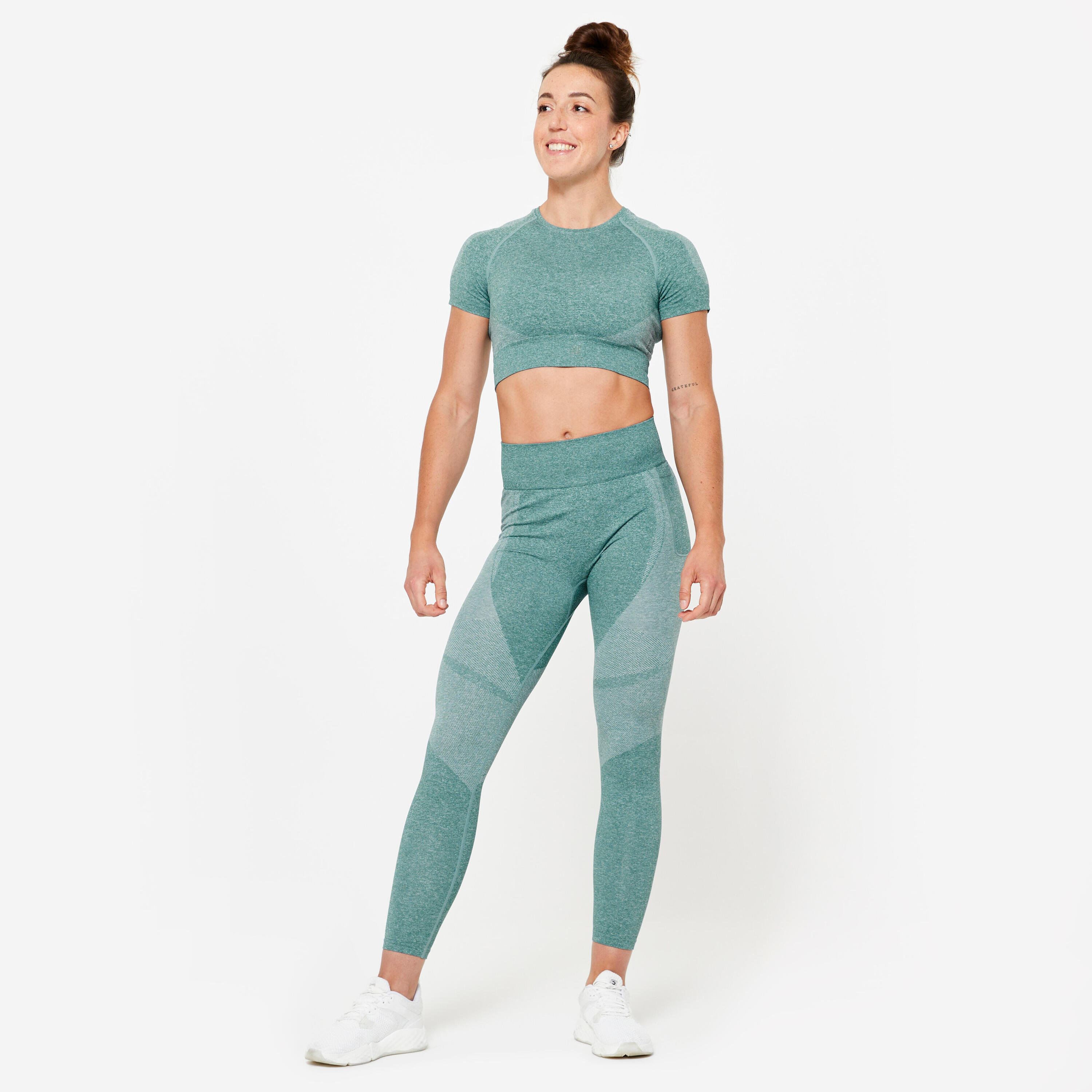 Leggings mit hoher Taille und Smartphonetasche Fitness seamless Damen  - türkis 8/10
