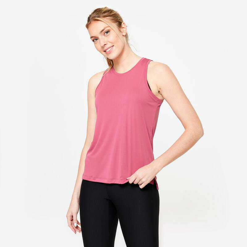 Camiseta Sin Mangas Fitness Mujer Rosa Hibisco Transpirable