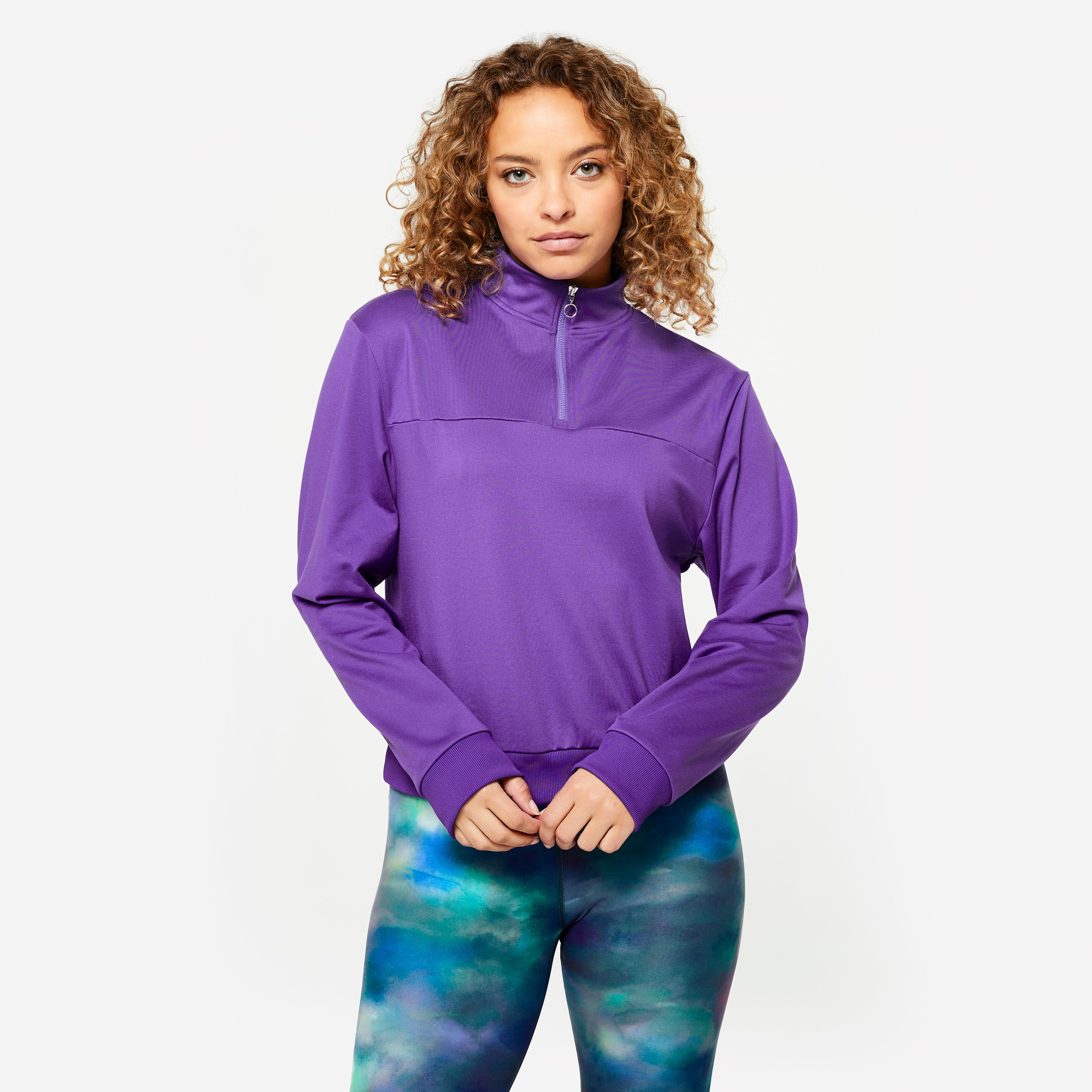 Felpa donna viola manica lunga con collo a zip Fitness Cardio