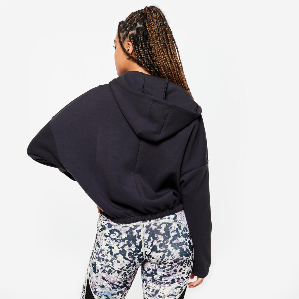 Veste à capuche de fitness manches longues femme, noir fumé