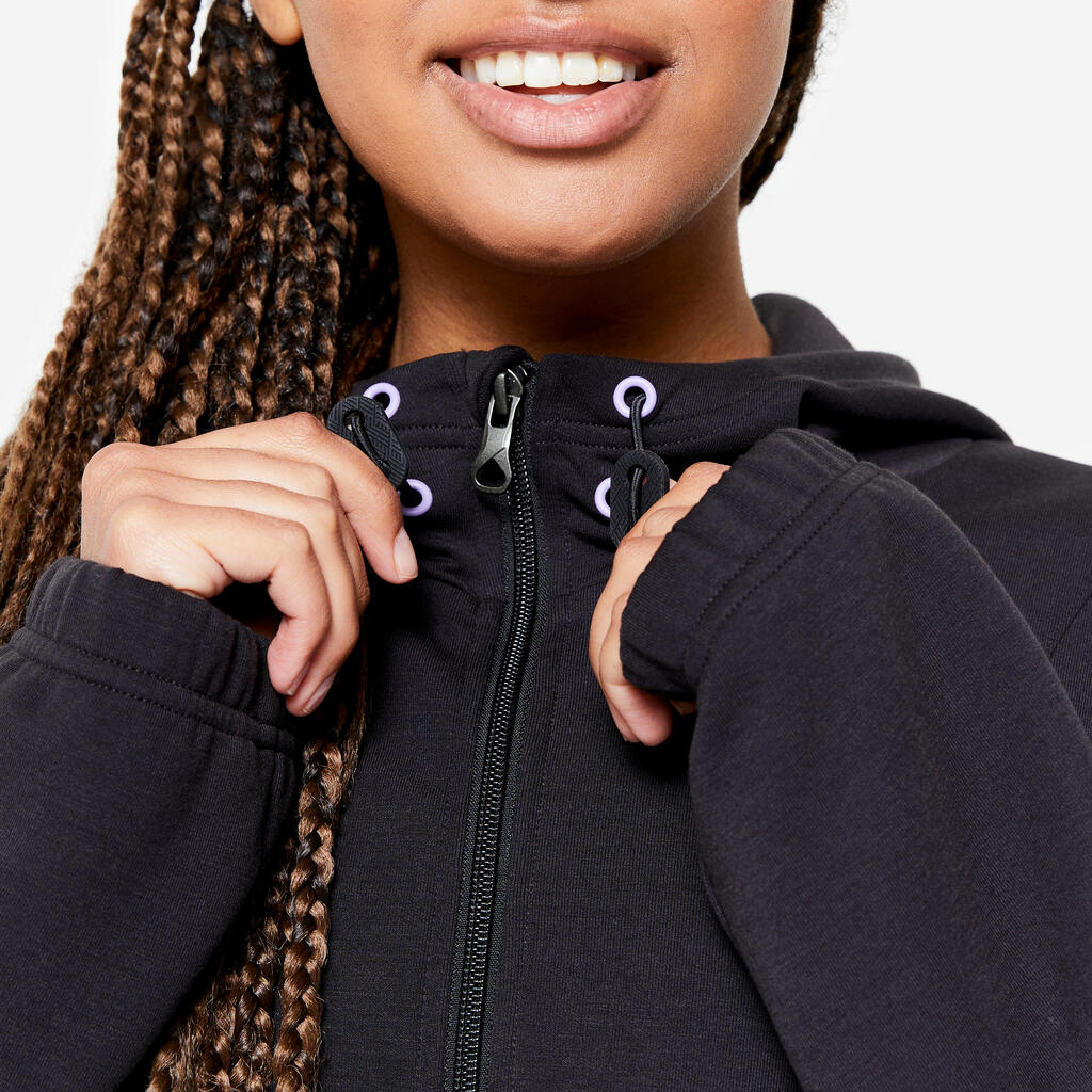 Veste à capuche de fitness manches longues femme, noir fumé