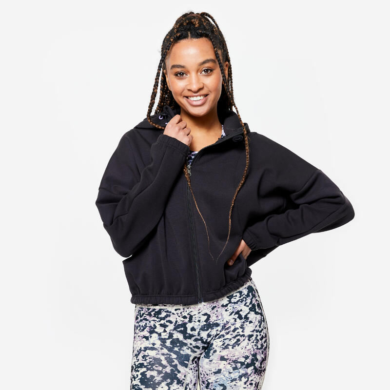 Veste à capuche de fitness manches longues femme, noir fumé