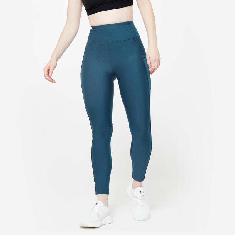 Sportleggings Damen Handytasche hoher Bund - blau