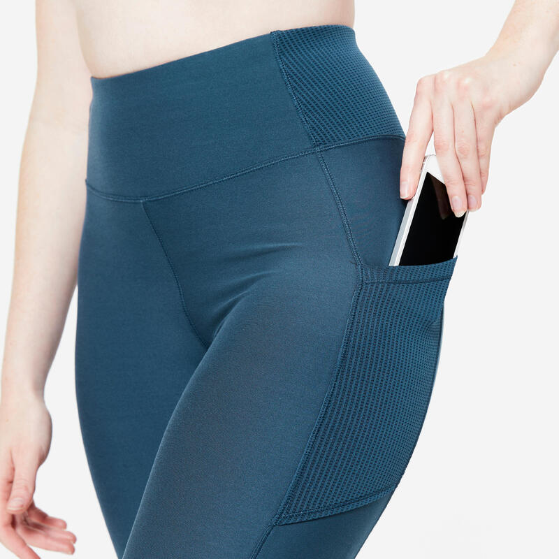 Sportleggings Damen Handytasche hoher Bund - blau