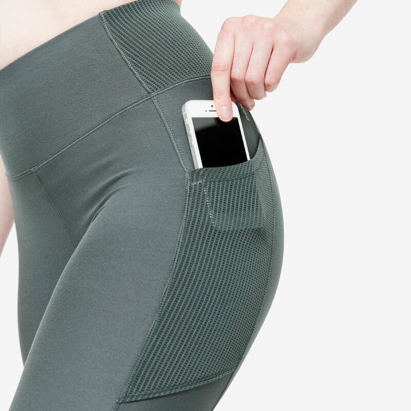 Sportleggings Damen Handytasche hoher Bund - dunkelgrün