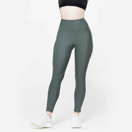 Women's High-Waisted Leggings with Phone Pocket - Dark Green