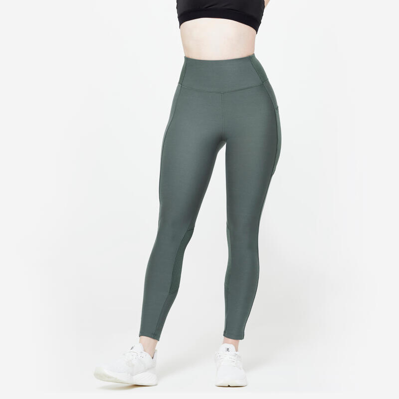 Sportleggings Damen Handytasche hoher Bund - dunkelgrün