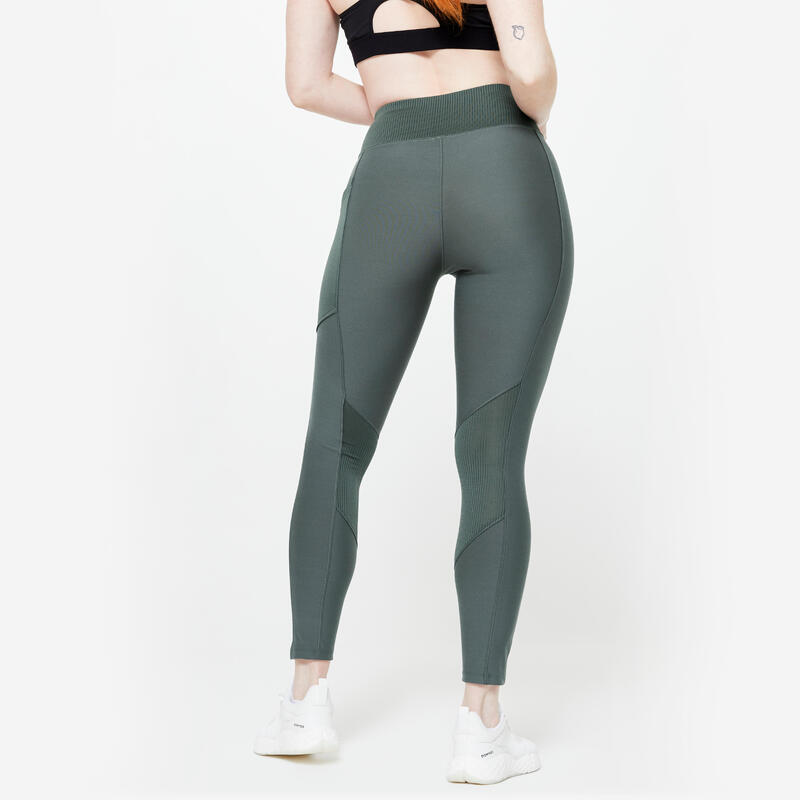 Sportleggings Damen Handytasche hoher Bund - dunkelgrün