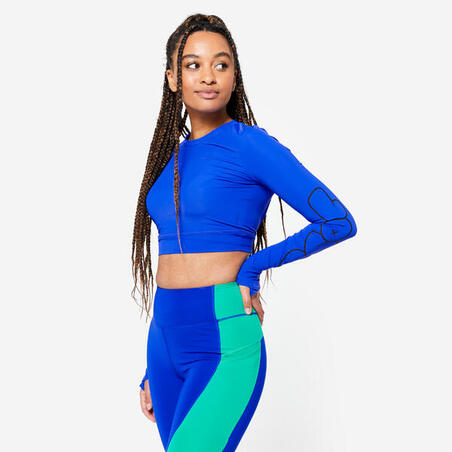 crop top manches longues femme, bleu imprimé