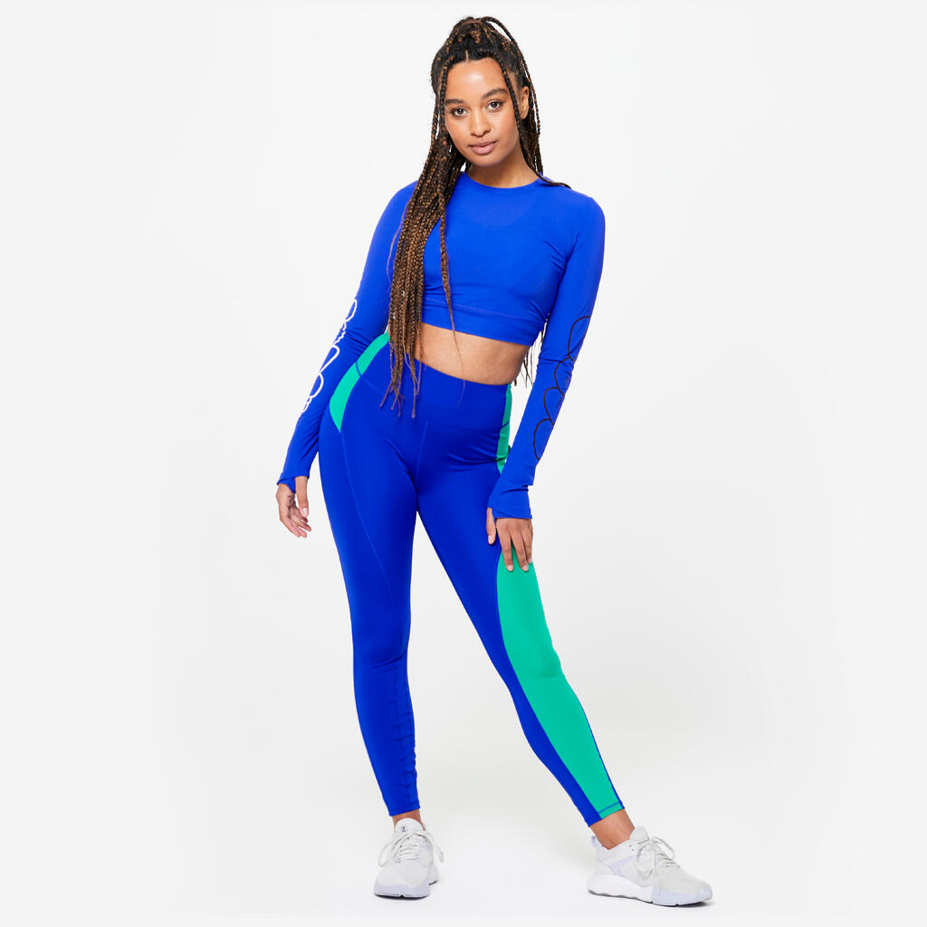 crop top manches longues femme, bleu imprimé