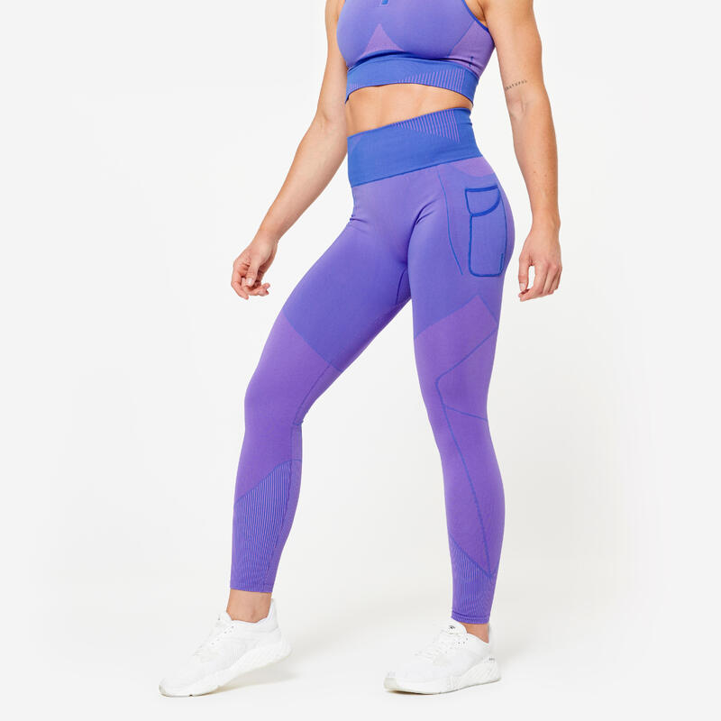 Leggings donna palestra modellanti traspiranti vita alta con tasca azzurro-rosa