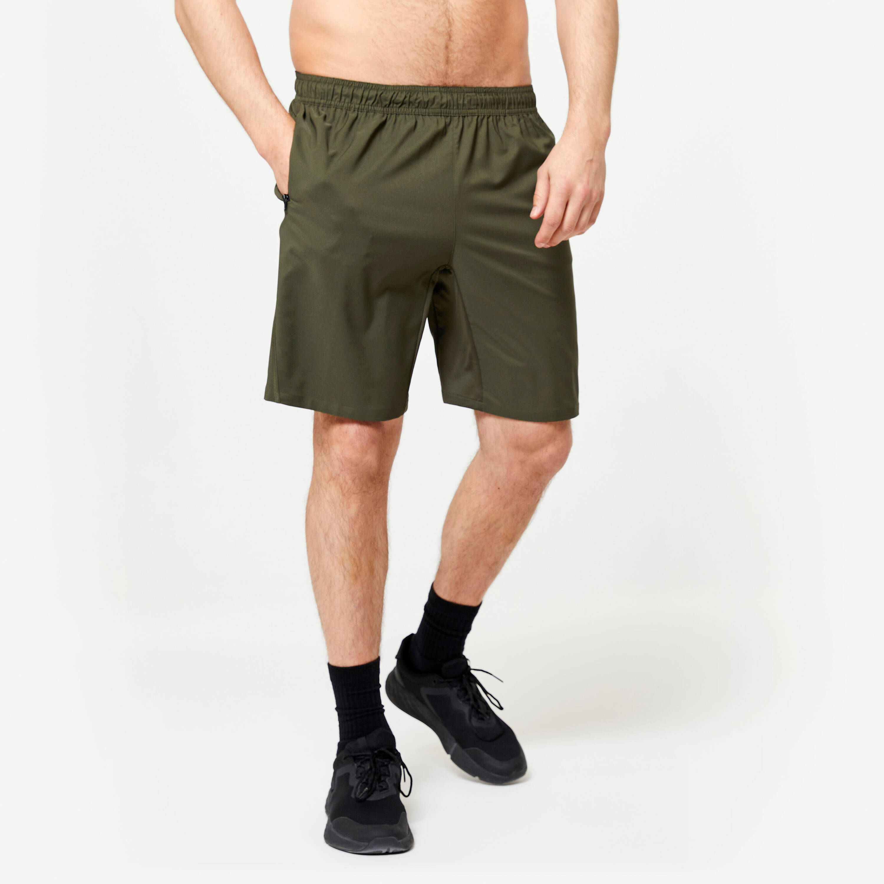 Men Gym Shorts Stretchable, Quick Dry with Zip Pockets - Plain Khaki -  3
