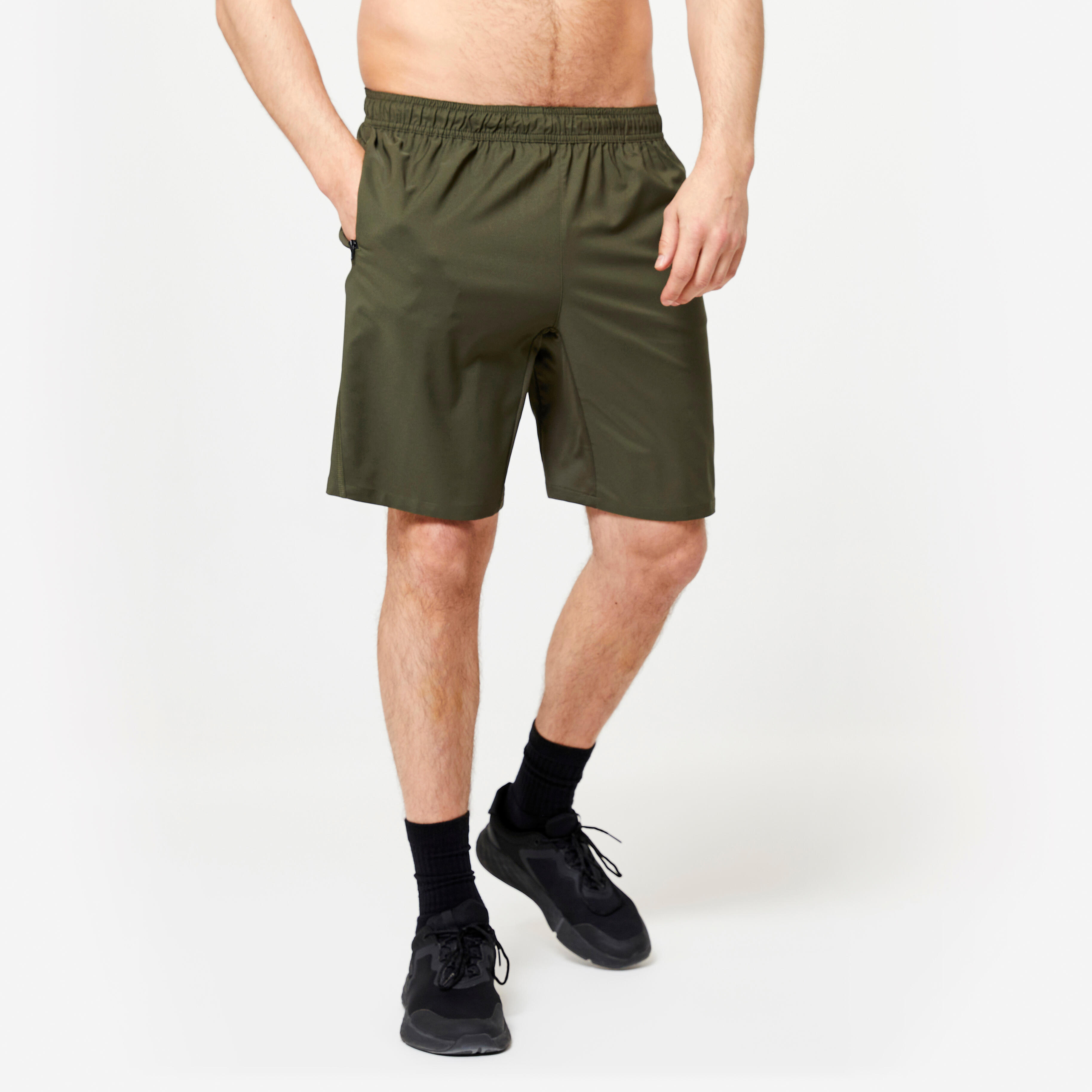 Pantaloncini da fitness con tasche con zip, verde cachi