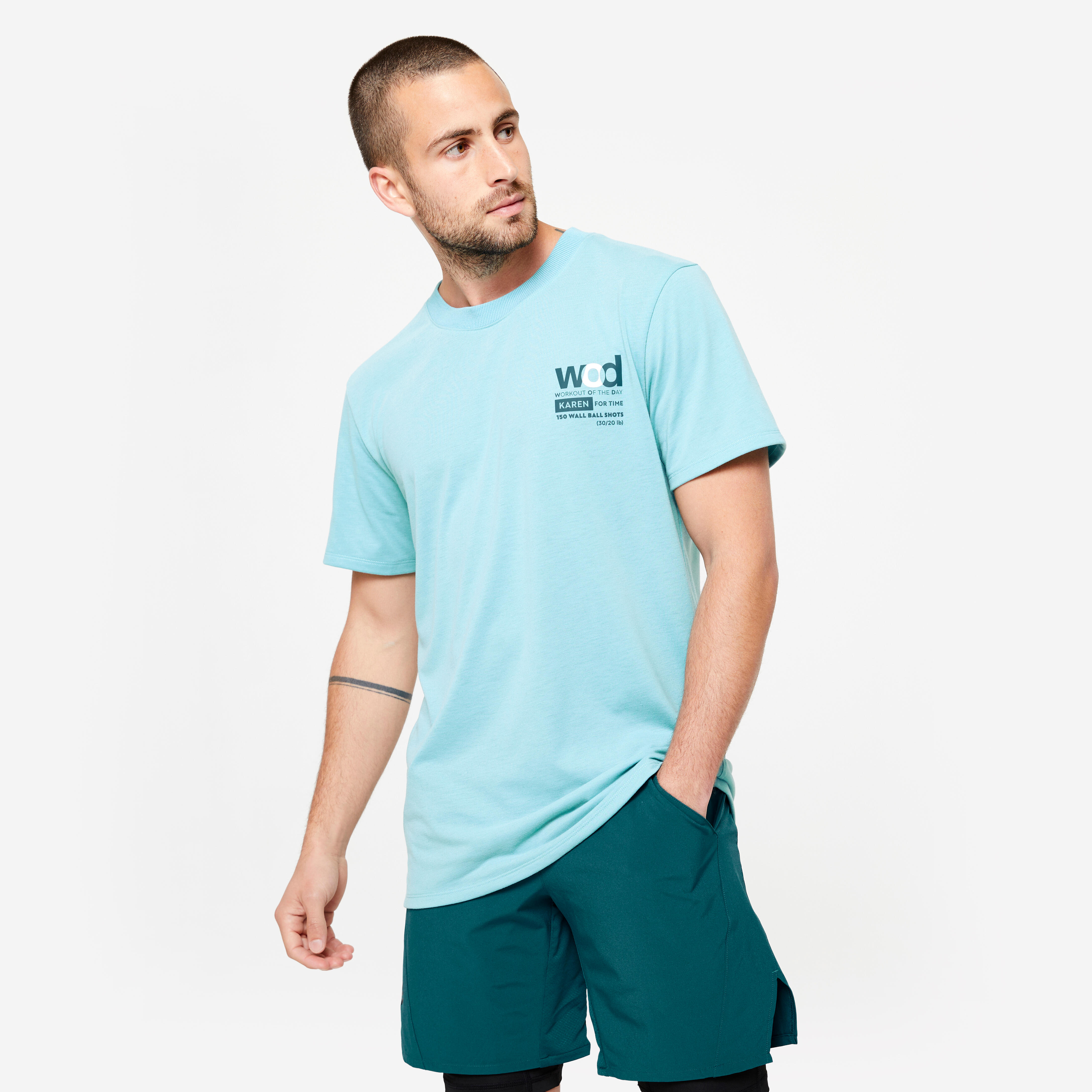 T shirt uomo palestra slim fit traspirante turchese DOMYOS Decathlon