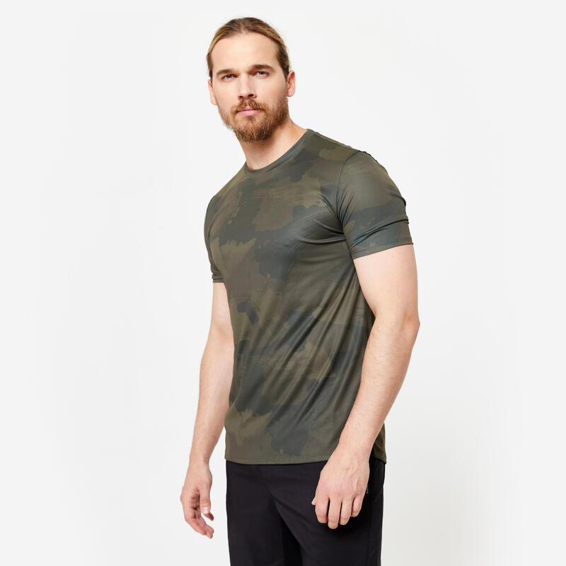 Camiseta Fitness Hombre Caqui Manga Corta Cuello Redondo Transpirable