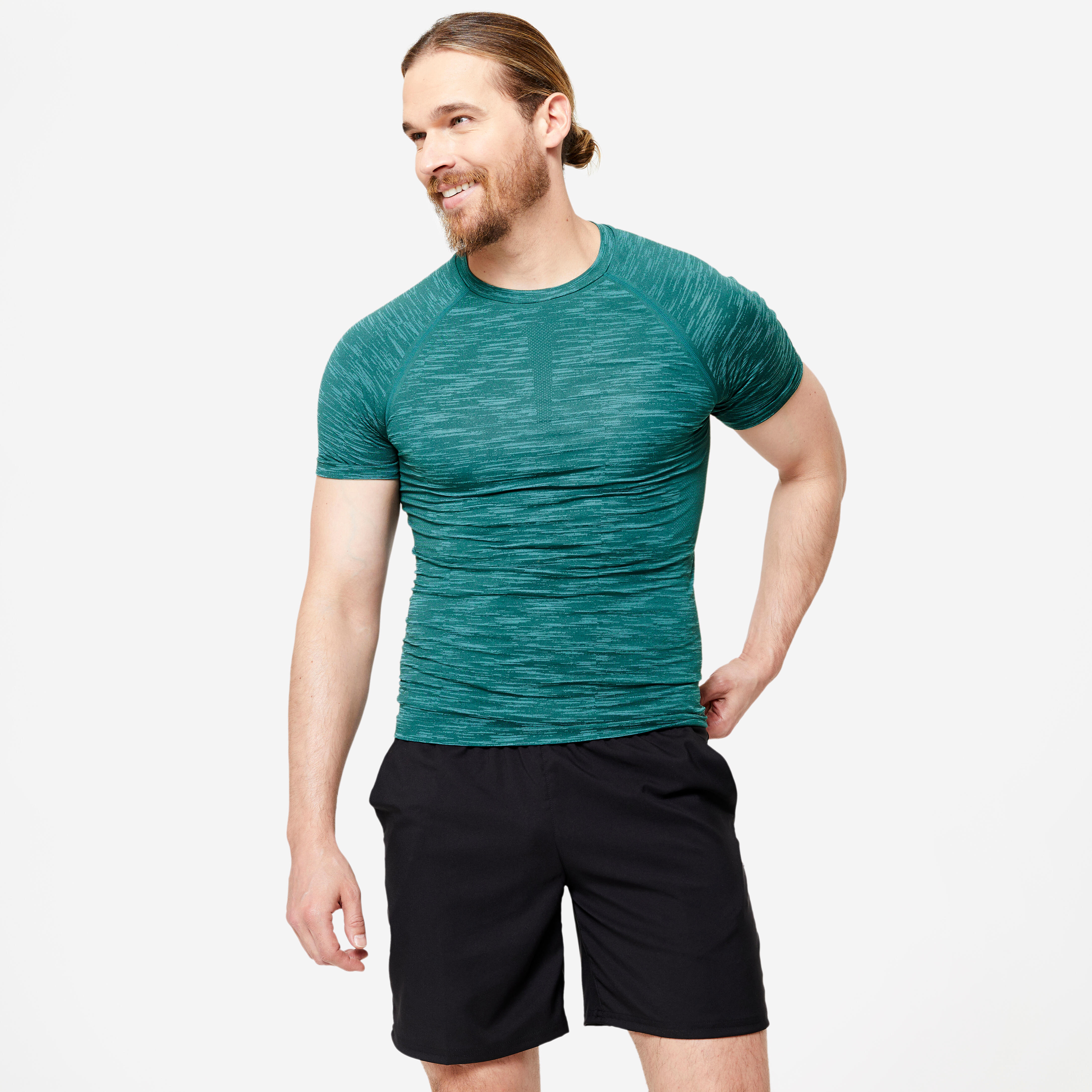 T-shirt a compressione da uomo con scollo rotondo, turchese