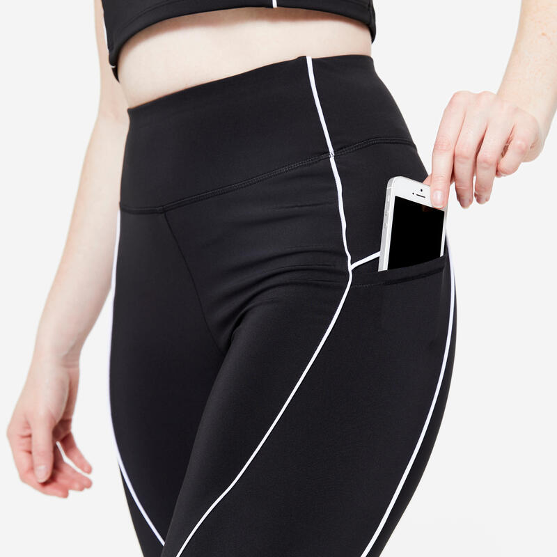 Legging taille haute imprimé piping femme, noir et blanc