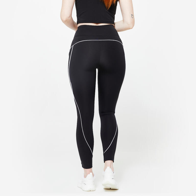 Legging taille haute imprimé piping femme, noir et blanc