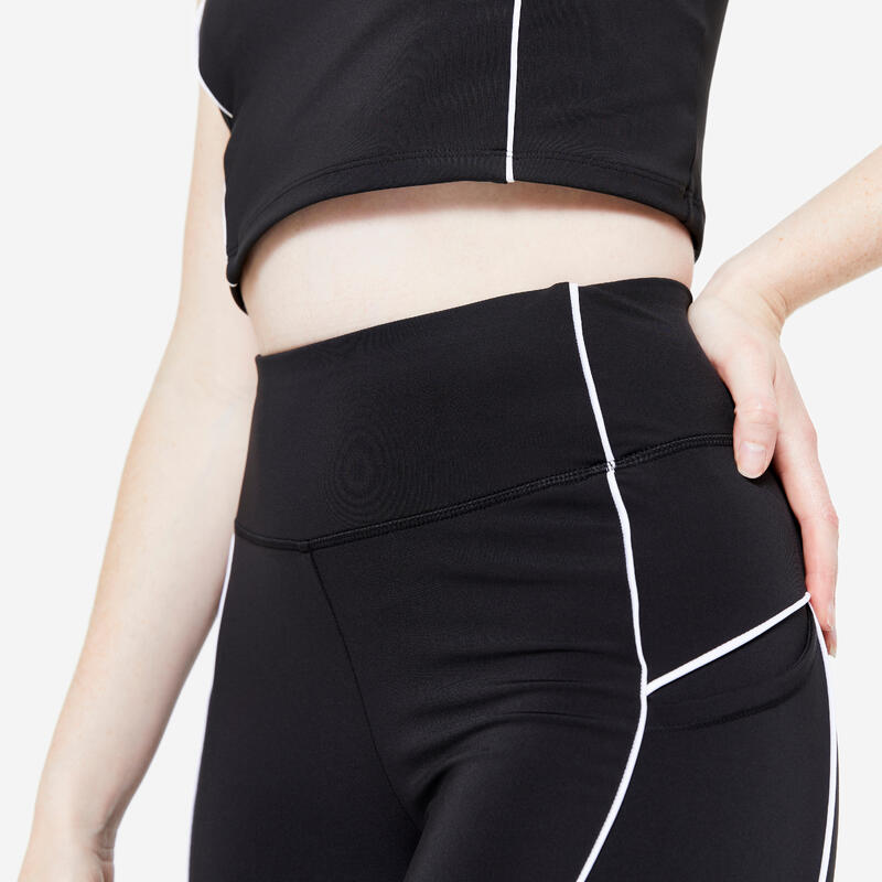 Legging taille haute imprimé piping femme, noir et blanc