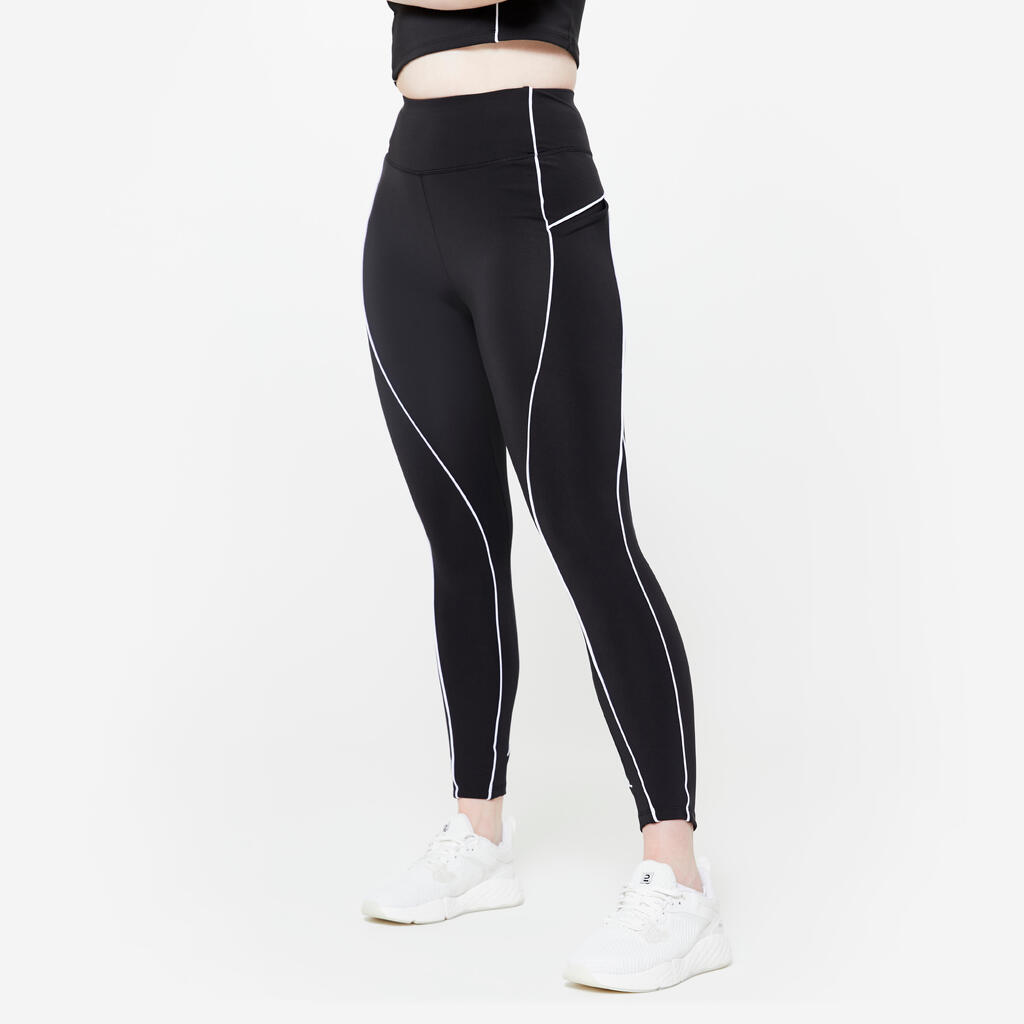 Tajice za fitness ženske crno-bijele s printom
