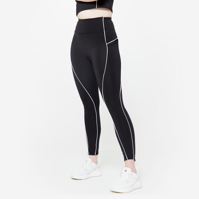 Legging met hoge taille en biesjes voor cardiofitness dames dessin zwart wit