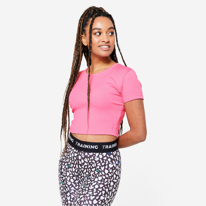 T-shirt Crop Top Fitness Nervuras Mulher Rosa