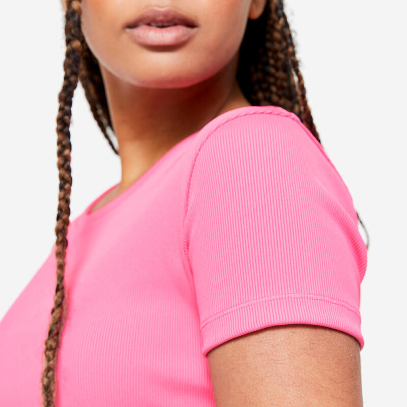 T-Shirt Damen Crop Top gerippt - rosa 