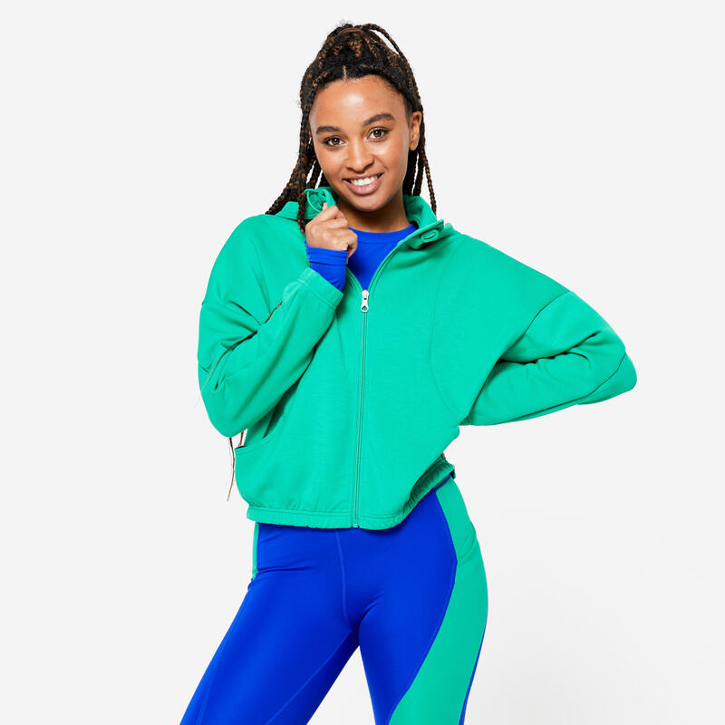 Veste à capuche de fitness manches longues femme, vert émeraude