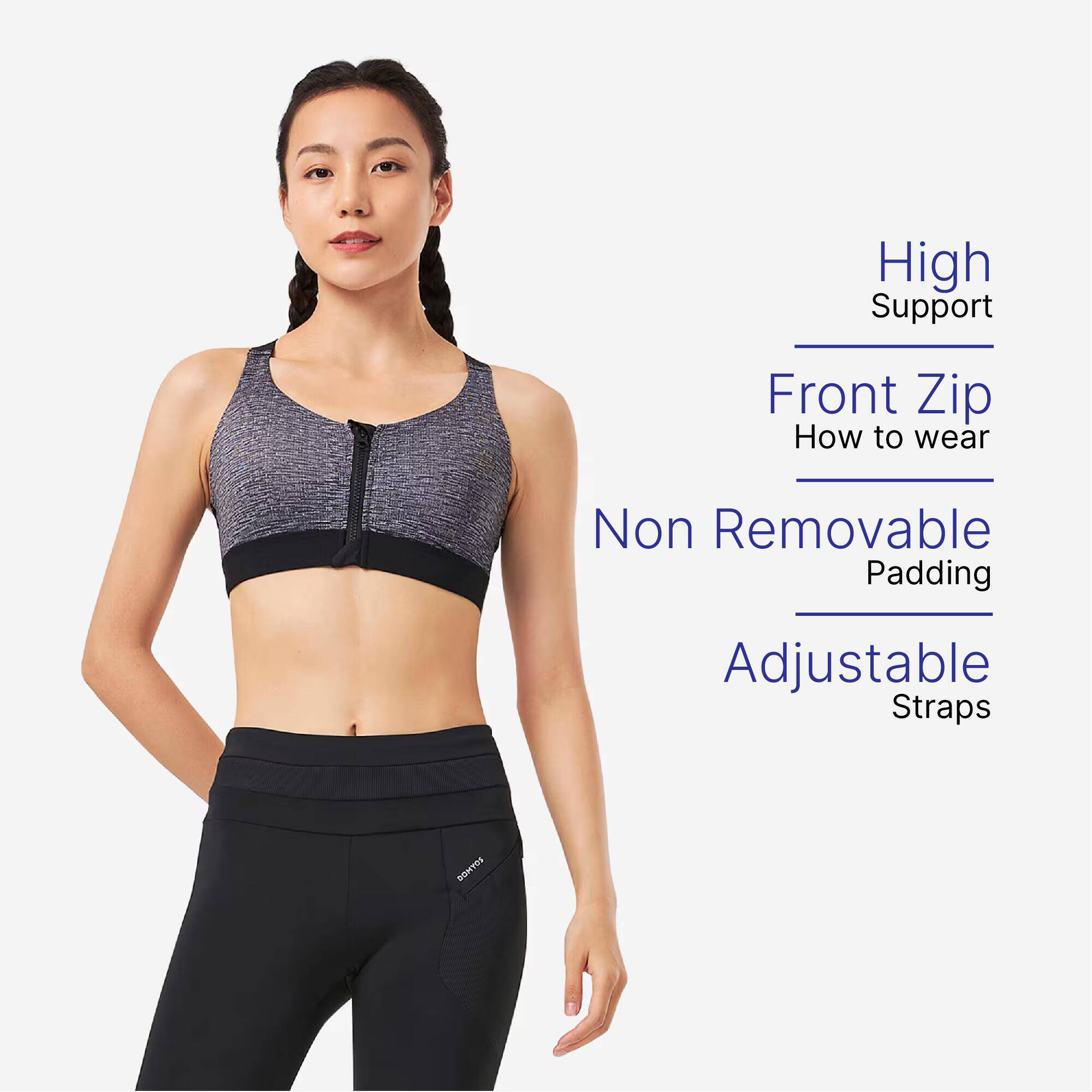 Women Sports Bra, Padded with Zip Detailing, High Support - Grey -  4