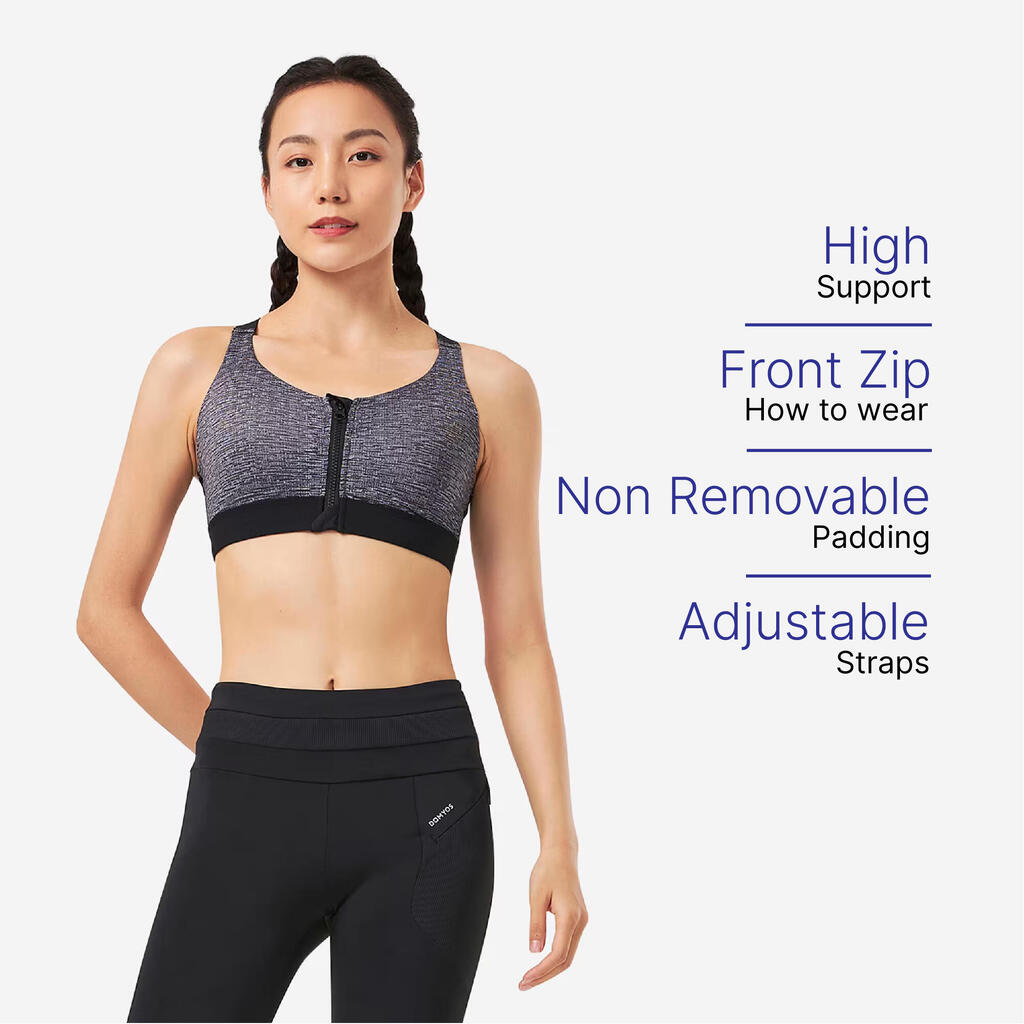 Women's High Support Zip-Up Sports Bra with Cups - Grey/Black