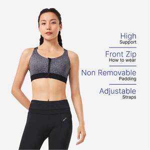 High Support Zip-Up Sports Bra with Cups, Adjustable Straps - Grey