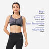High Support Zip-Up Sports Bra with Cups, Adjustable Straps - Grey