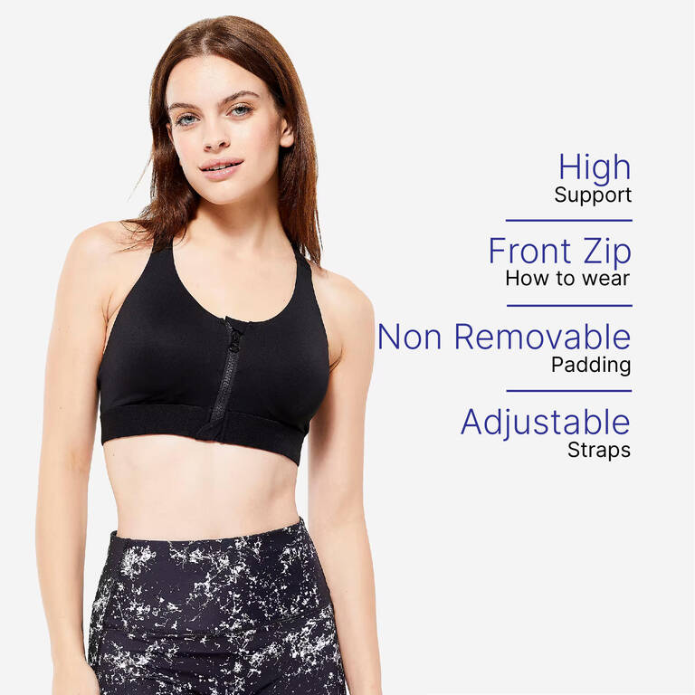 Women's High Support Zipped Sports Bra with Cups - Black