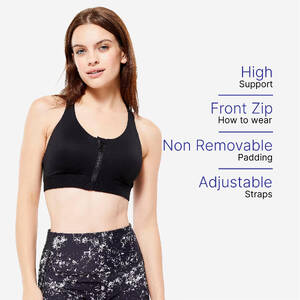 High Support Zip-Up Sports Bra with Cups, Adjustable Straps 920 - Black