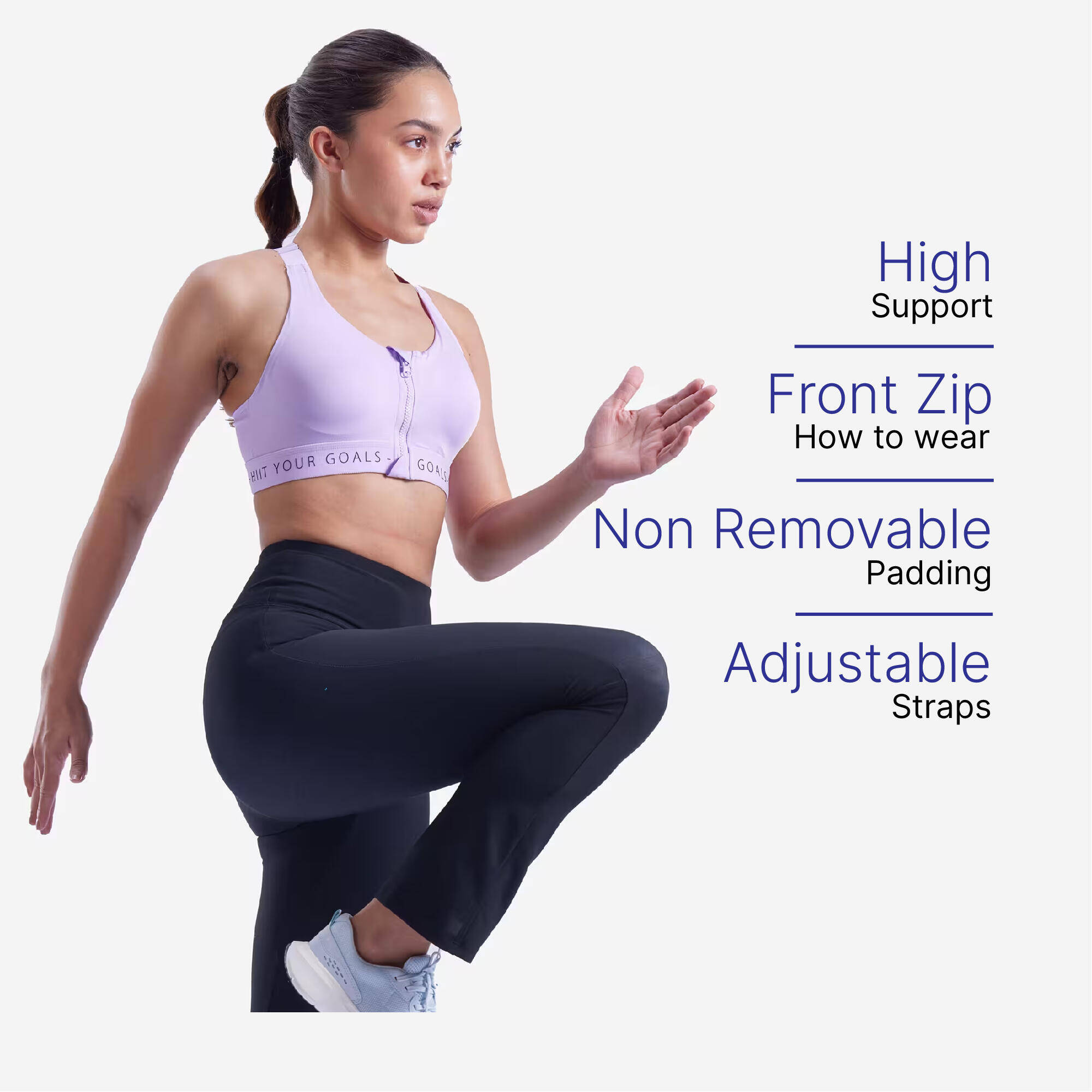 Women Sports Bra, Padded with Zip Detailing, High Support - Lilac