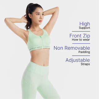 Women Sports Bra, Padded with Zip Detailing, High Support - Green
