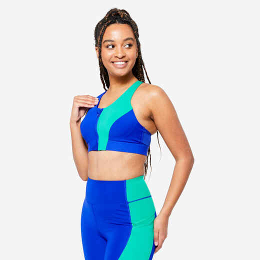 
      Women's Zip-Up Medium Support Sports Bra - Indigo Blue & Emerald Green
  