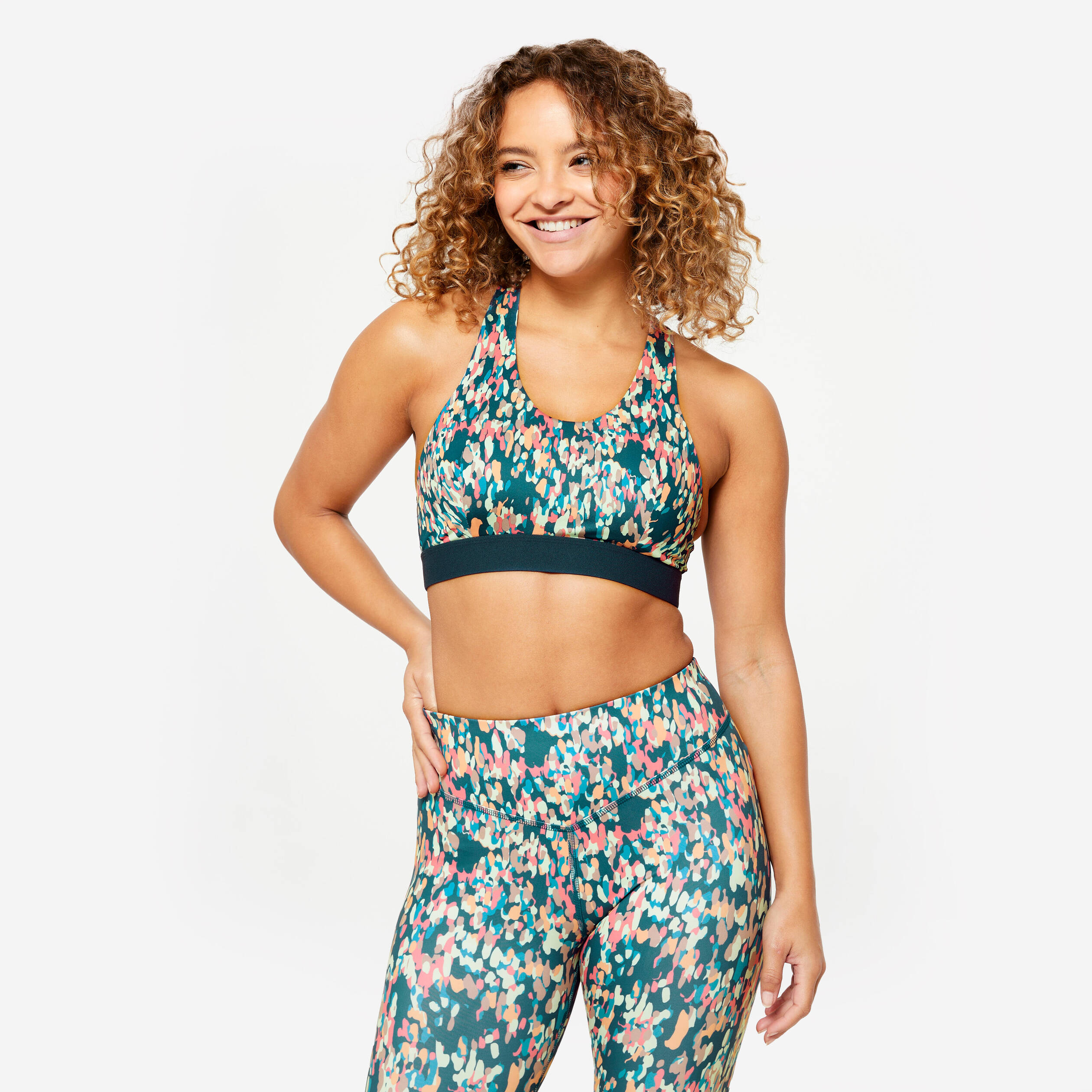 Women's Medium Support Racer Back Sports Bra with Cups - Multicolour Print