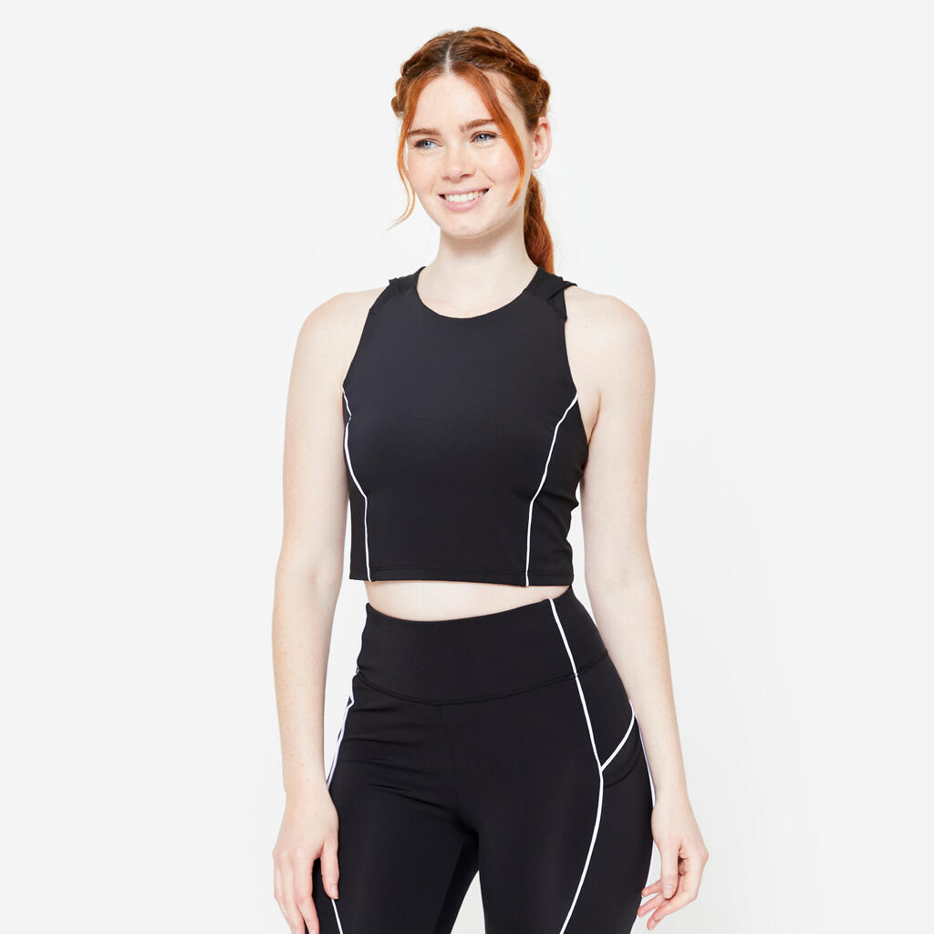 Women's Stretchy Cropped Tank Top with Piping - Printed Black