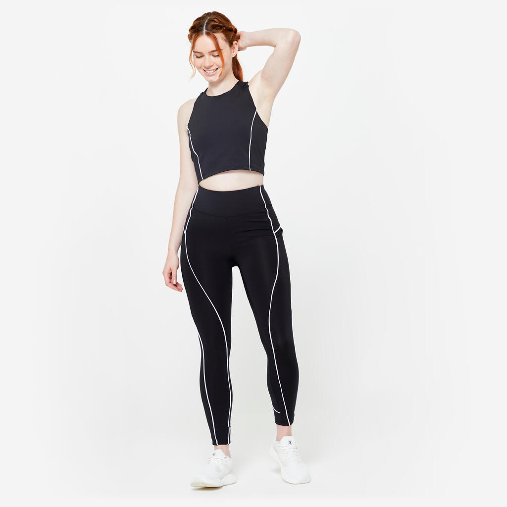 Women's Stretchy Cropped Tank Top with Piping - Printed Black