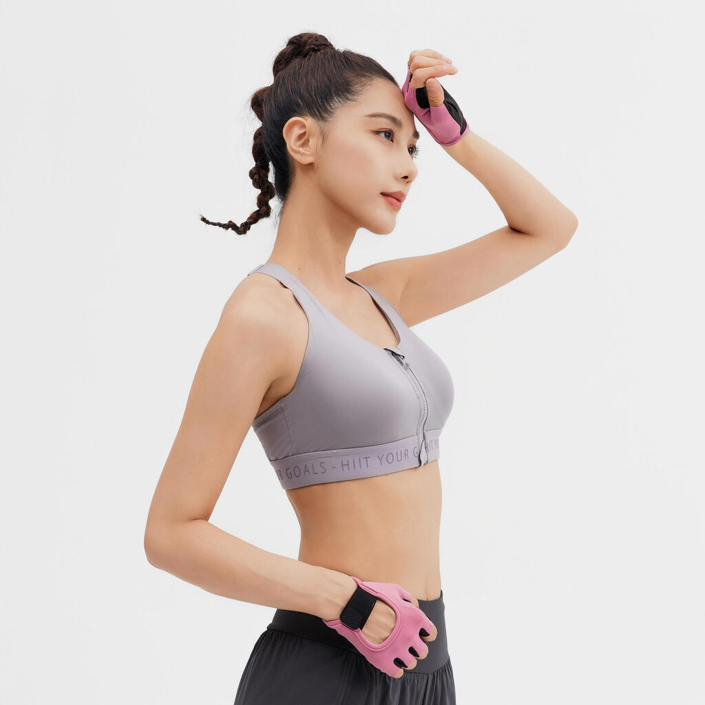 Brassière zippée avec coques maintien fort Femme, Gris