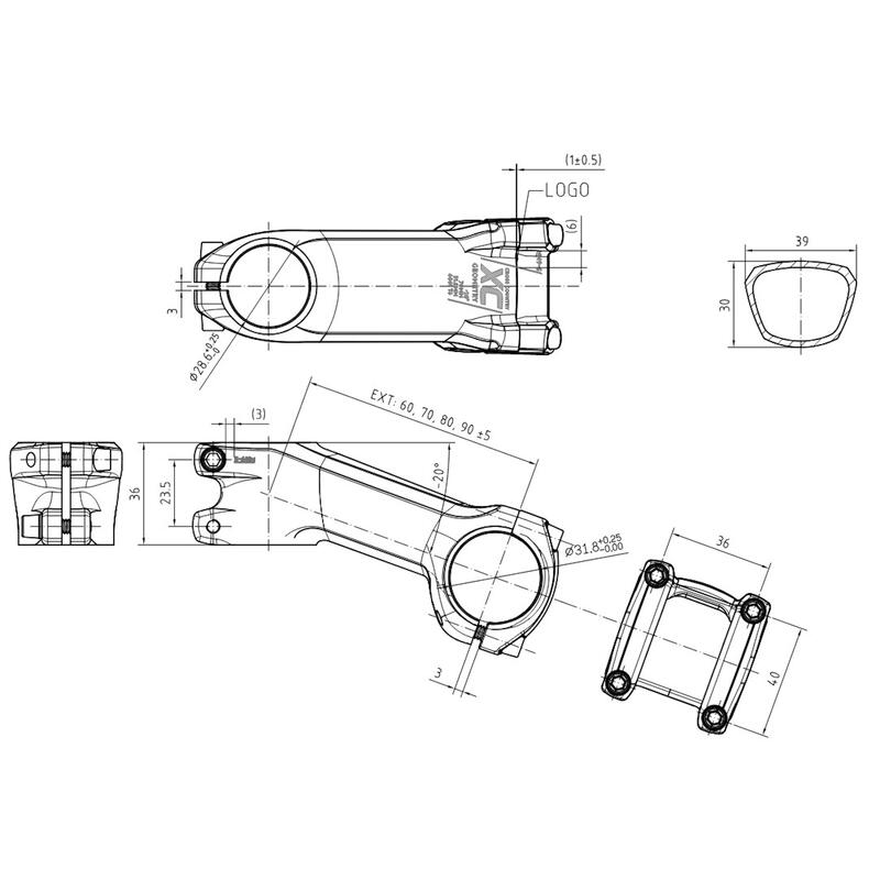 Potencia bicicleta MTB 1"1/8 60 mm/70 mm/80 mm/90 mm Ahead-20° 31.8 Negro