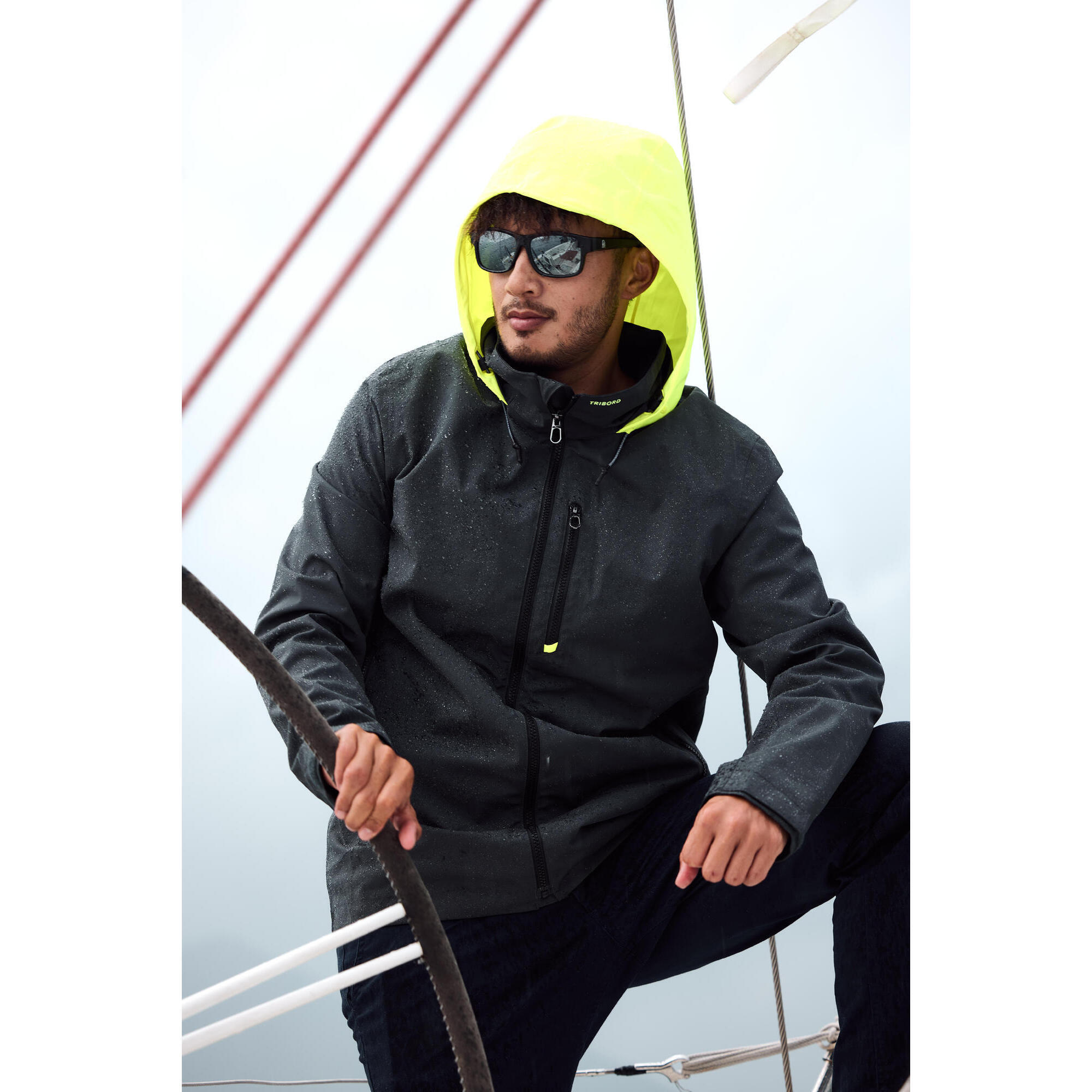 Men's windproof waterproof sailing jacket - SAILING 300 Dark grey Yellow hood