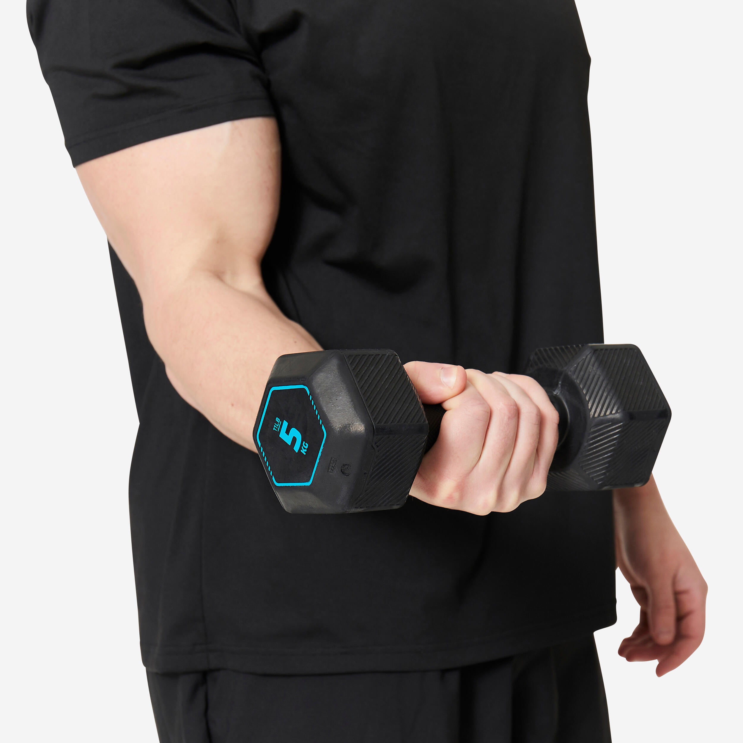 Hex Dumbbell 5Kg, Rubber and Recycled Cast Iron with Ergonomic Grip - Black