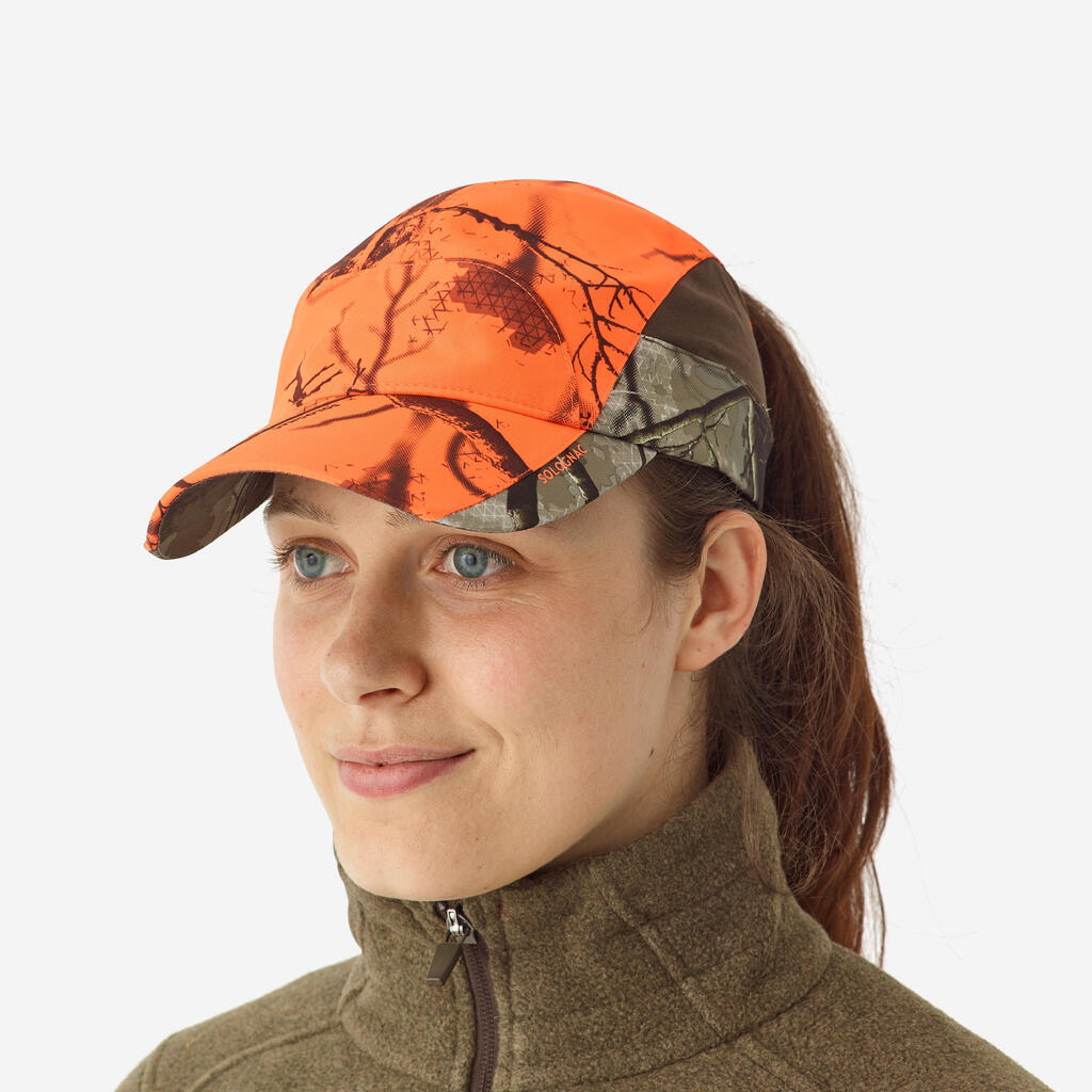 Jagdmütze Schirmmütze Damen 500 leicht atmungsaktiv Camouflage Treemetic orange 