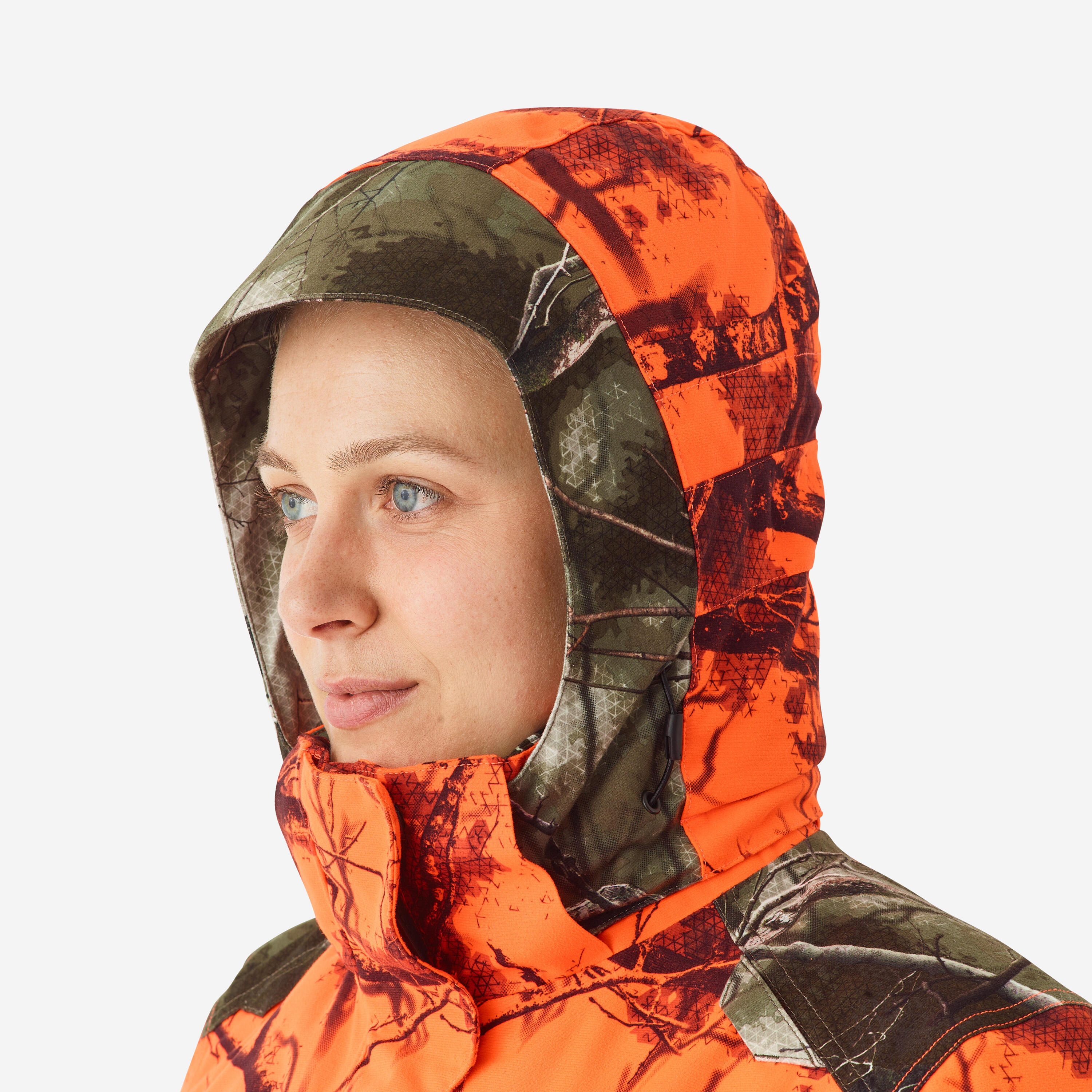 Jagdjacke Regenjacke 500 3-in-1 Damen warm geräuscharm camouflage/orange  13/20