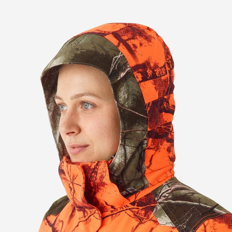 Veste chasse femme 3 en 1 chaude imperméable silencieuse camouflage fluo 500